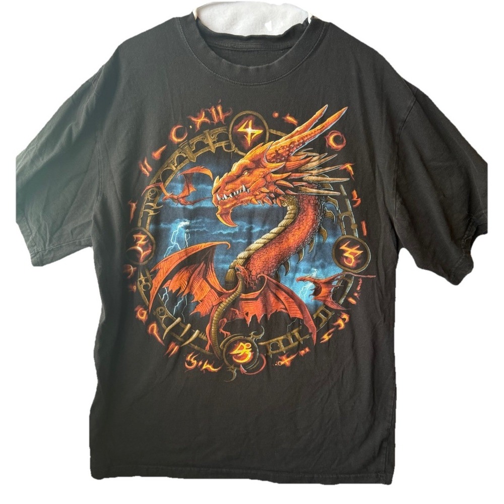 Liquid Blue Dragon Fantasy Graphic T Shirt XL Black 2011 Fire Dragon Lightning‎